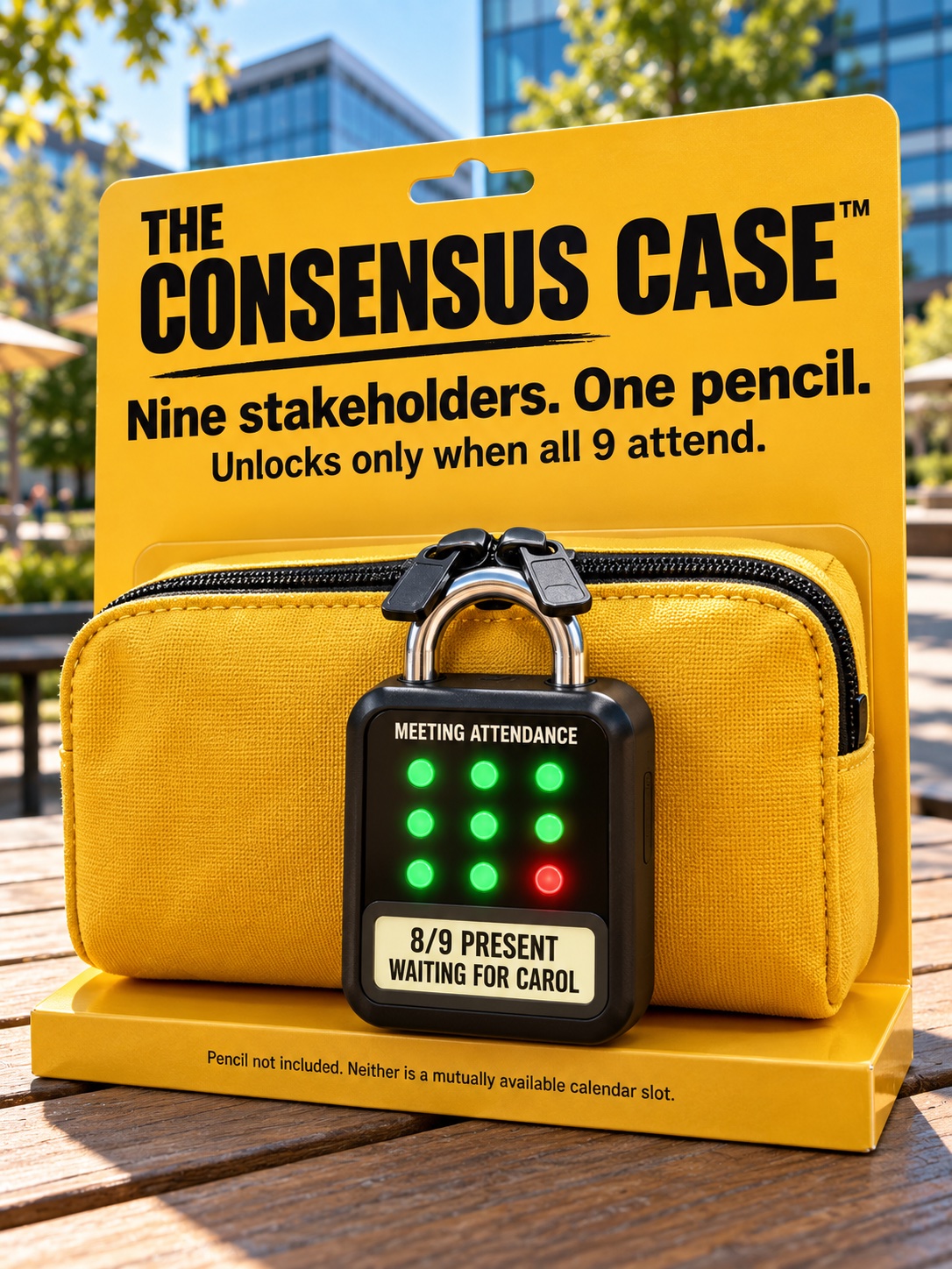 Yellow Consensus Case pencil case with a nine-light padlock showing eight green lights, one red light, and 'Waiting for Carol'