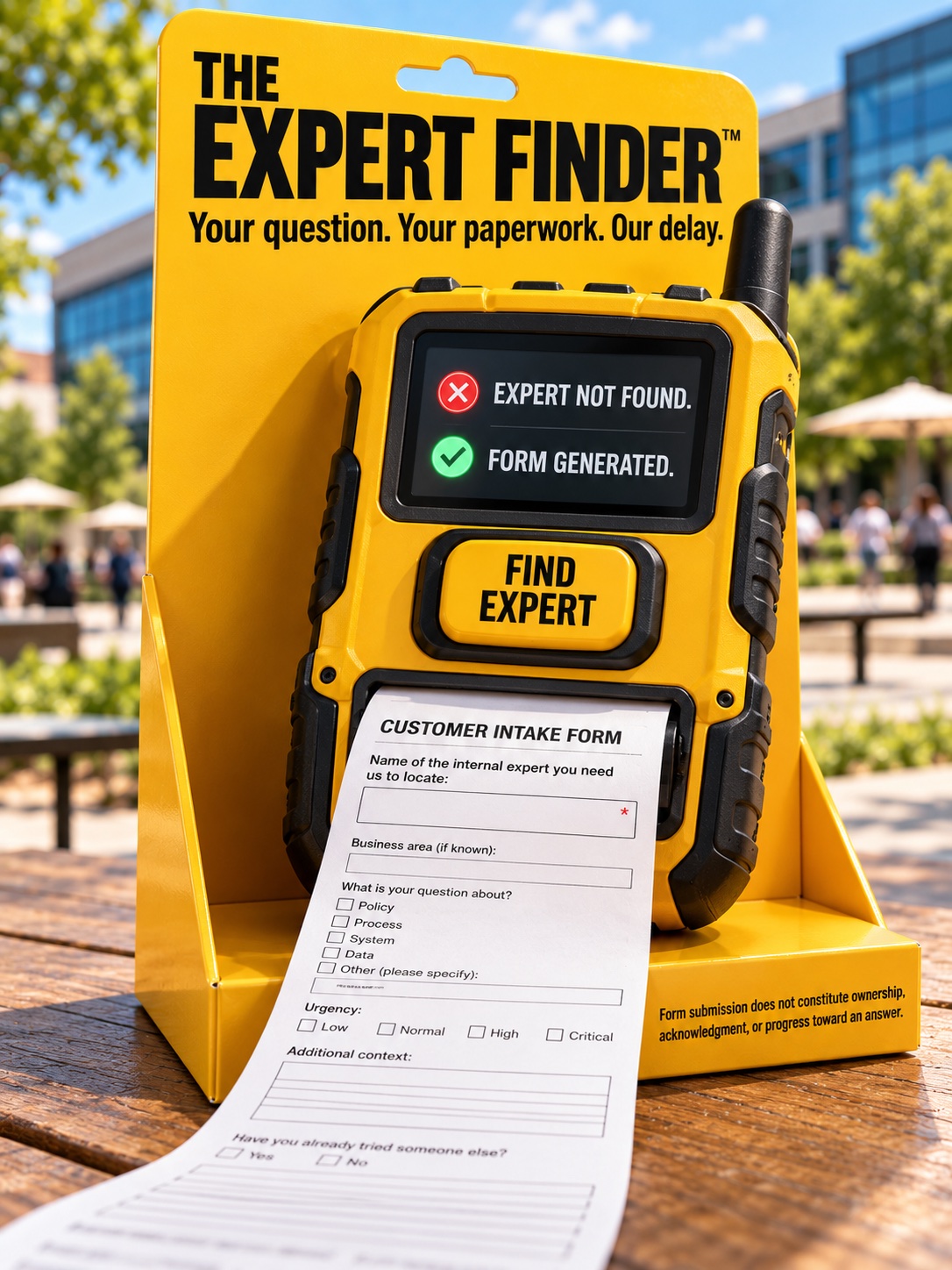 Yellow-and-black Expert Finder printing a customer intake form, with 'Expert not found' and 'Form generated' on its screen