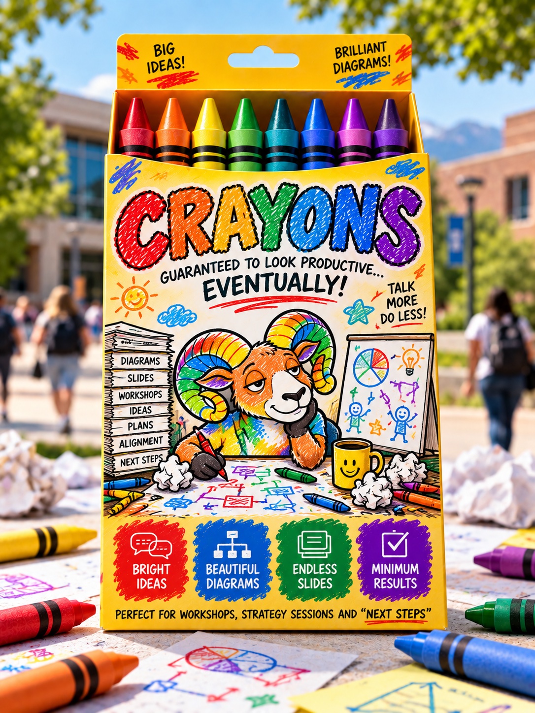 Crayons box promising bright ideas, beautiful diagrams, endless slides, and minimum results